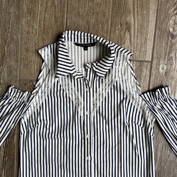 Walter Baker Womens Navy Striped Button Down Shirt M Cold Shoulder Lace Ruffle - Picture 5 of 11